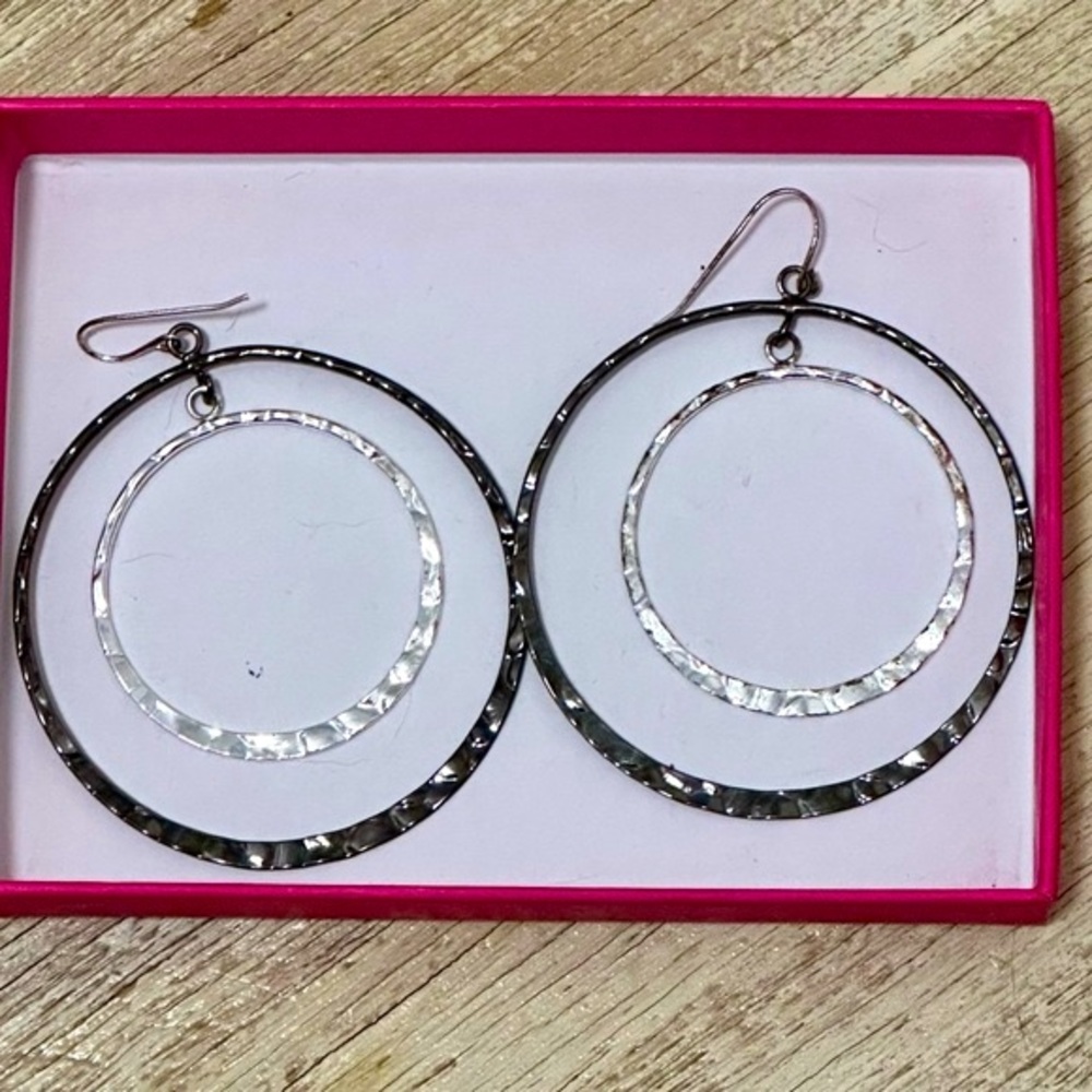 Anthropologie Silver Double Hoop Hammered Earrings (final price) - Picture 3 of 5